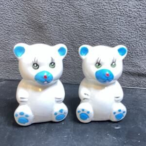 Vintage Loomco Blue & White Teddy Bear Salt & Pepper Shakers Early 1990s